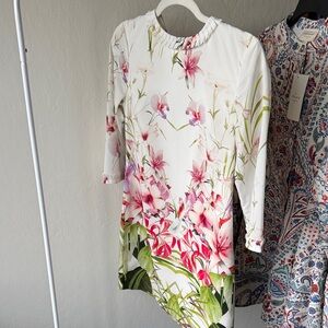 Ted Baker White and Pink Floral Long Sleeve Dress